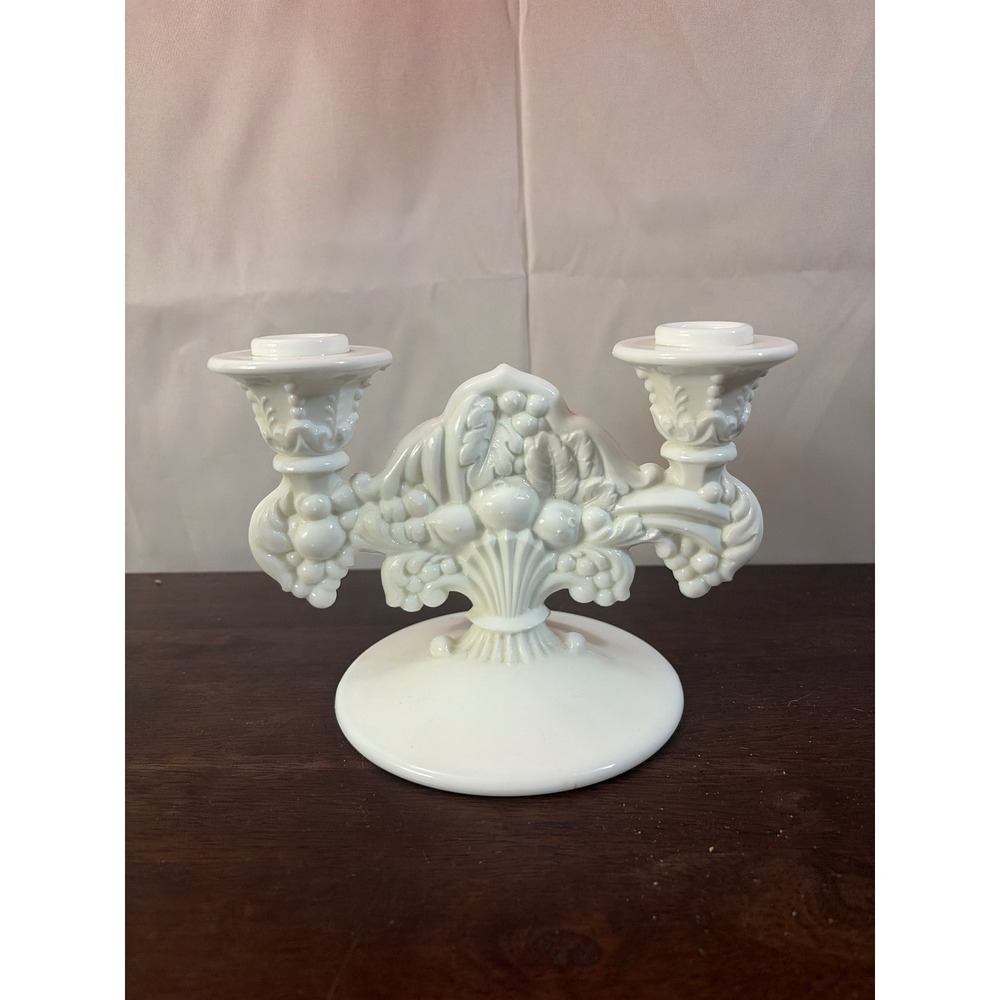 Indiana Milk Glass‎ Double Arm Candelabra Fruit Harvest Cornucopia White 5.5in